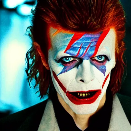 Image similar to awe inspiring David Bowie pkaying The Joker 8k hdr movie still dynamic lighting