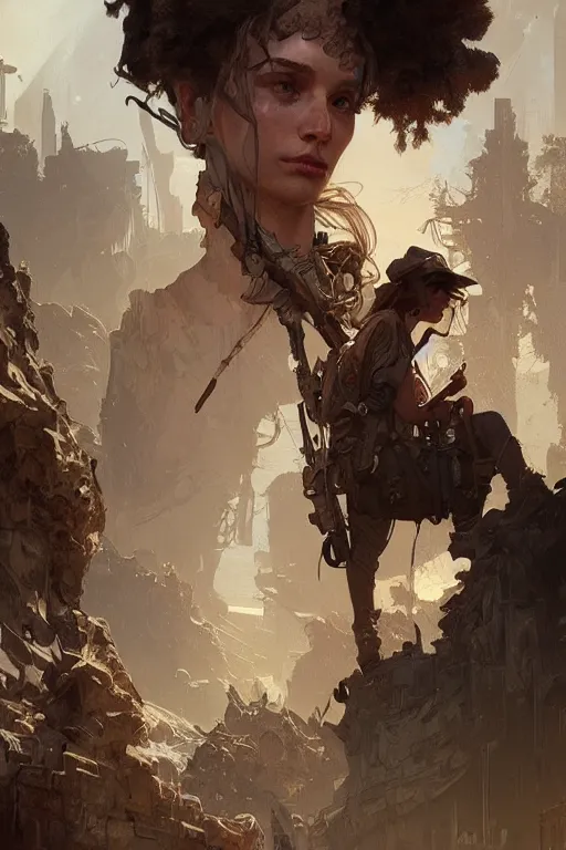 Prompt: A full portrait of a beautiful post apocalyptic American explorer, intricate, elegant, highly detailed, digital painting, artstation, concept art, smooth, sharp focus, illustration, art by Krenz Cushart and Artem Demura and alphonse mucha