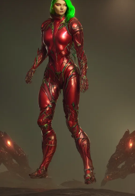 Image similar to vfx, octane render, zbrush, one beautiful anatomically correct woman, wearing spandex armour with flowing red hair and green eyes, super hero full body, walking towards the camera, volumetric lightning, highly detailed, concept art, art station, center of picture.