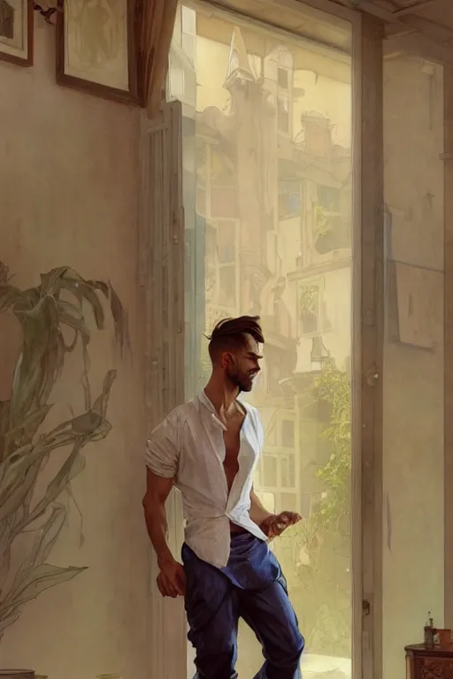 Image similar to full body portrait of a single beautiful young fit man, modern haircut, open shirt, large pants, bare feet, by greg rutkowski and alphonse mucha, d & d character, in front of a modern room background, highly detailed portrait, digital painting, artstation, concept art, smooth, sharp focus ilustration, artstation hq