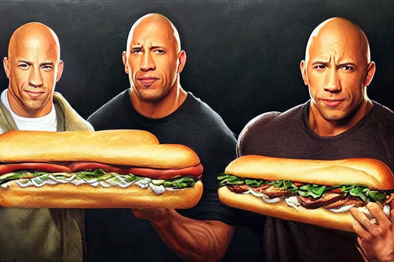 Prompt: portrait of vin diesel and dwayne the rock johnson sharing a footlong sub sandwich, an oil painting by ross tran and thomas kincade