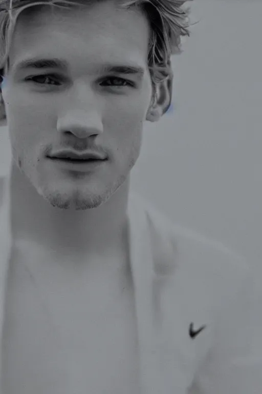 Image similar to close up of cody simpson standing on the diving board, summer olympics footage, 3 5 mm, highly detailed, color photo, cinematic lighting