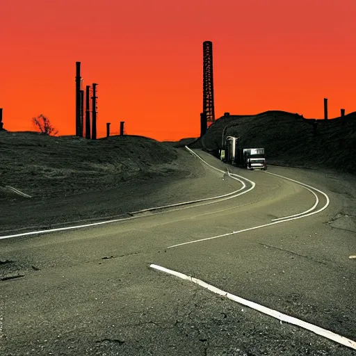 Prompt: a road in a industrial zone, and a hill behind it with a radio tower on top, sunset, disposable camera filter