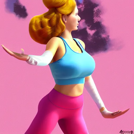 Prompt: live action extremely adorable princess peach in tight sports bra, and yoga pants. Digital Art, trending on artstation, 4k