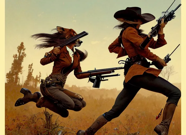 Prompt: a beautiful, dynamic illustration of an anthropomorphic fox woman bounty hunter running and gunning with a winchester rifle, wild west theme, motion blur, action illustration by stanley artgerm, greg rutkowski, alphonse mucha, norman rockwell, 8 k,