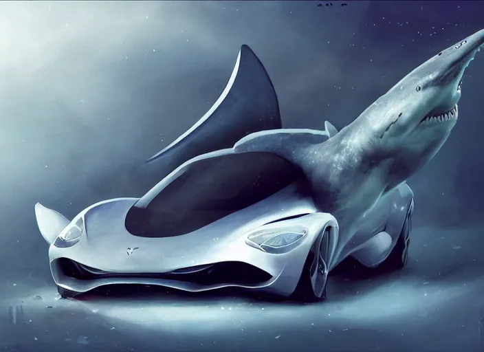 Image similar to beautiful concept design of a car that looks almost like a fish, a shark or a whale. car design by cory loftis, fenghua zhong, ryohei hase, ismail inceoglu, ruan jia, henrik fisker, bruce kaiser, scott robertson, dmitry mazurkevich, doruk erdem, and jon sibal. volumetric light