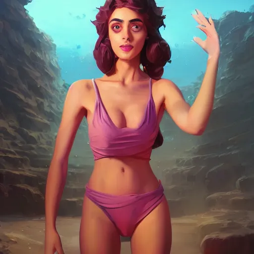 Prompt: portrait of besutiful woman in bathing suit, maya ali mage, gloomhaven, dynamic lighting, gaudy colors, octane render aesthetic, matte painting concept art, official fanart behance hd artstation by jesper ejsing, by rhads and makoto shinkai and lois van baarle and ilya kuvshinov and rossdraws