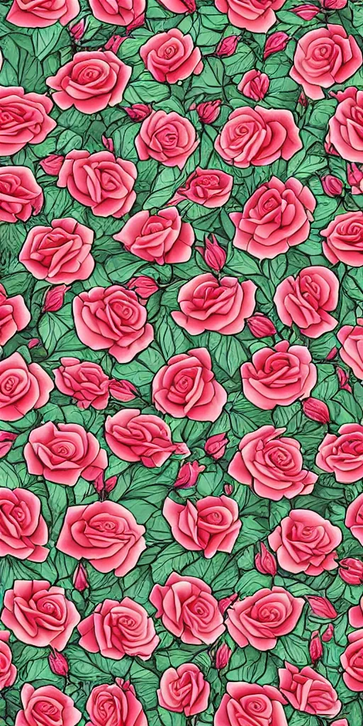 Image similar to seamless pattern of beautiful roses with leaves and throns, tattoo style, symmetrical, repeating 35mm photography