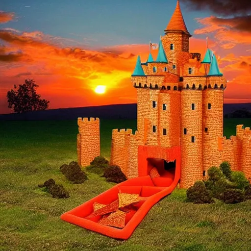 Image similar to a castle built out of doritos, yummy, sunset