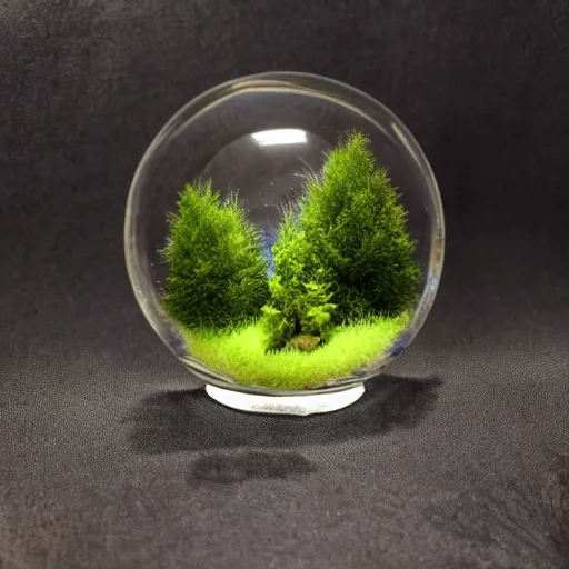 Prompt: miniature forest in a glass sphere in a dark room