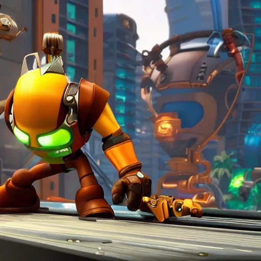 Prompt: ratchet trying to get clank to pass him a screwdriver