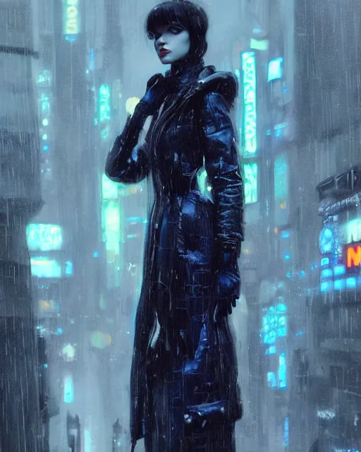 Image similar to detailed European Pretty Young Girl Storm Rain bladerunner movie Jacket coat, Futuristic sci-fi fashion, royal attire, low-emission-neon by ismail inceoglu dragan bibin hans thoma greg rutkowski Alexandros Pyromallis Nekro Rene Margitte illustrated Perfect face, fine details, realistic shaded, fine-face, pretty face