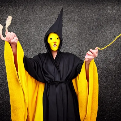 Image similar to award - winning. hyper - realistic. cinematic. 4 k. a person wearing hooded frayed yellow robes casting a spell while yellow magic runes float behind them. dark background