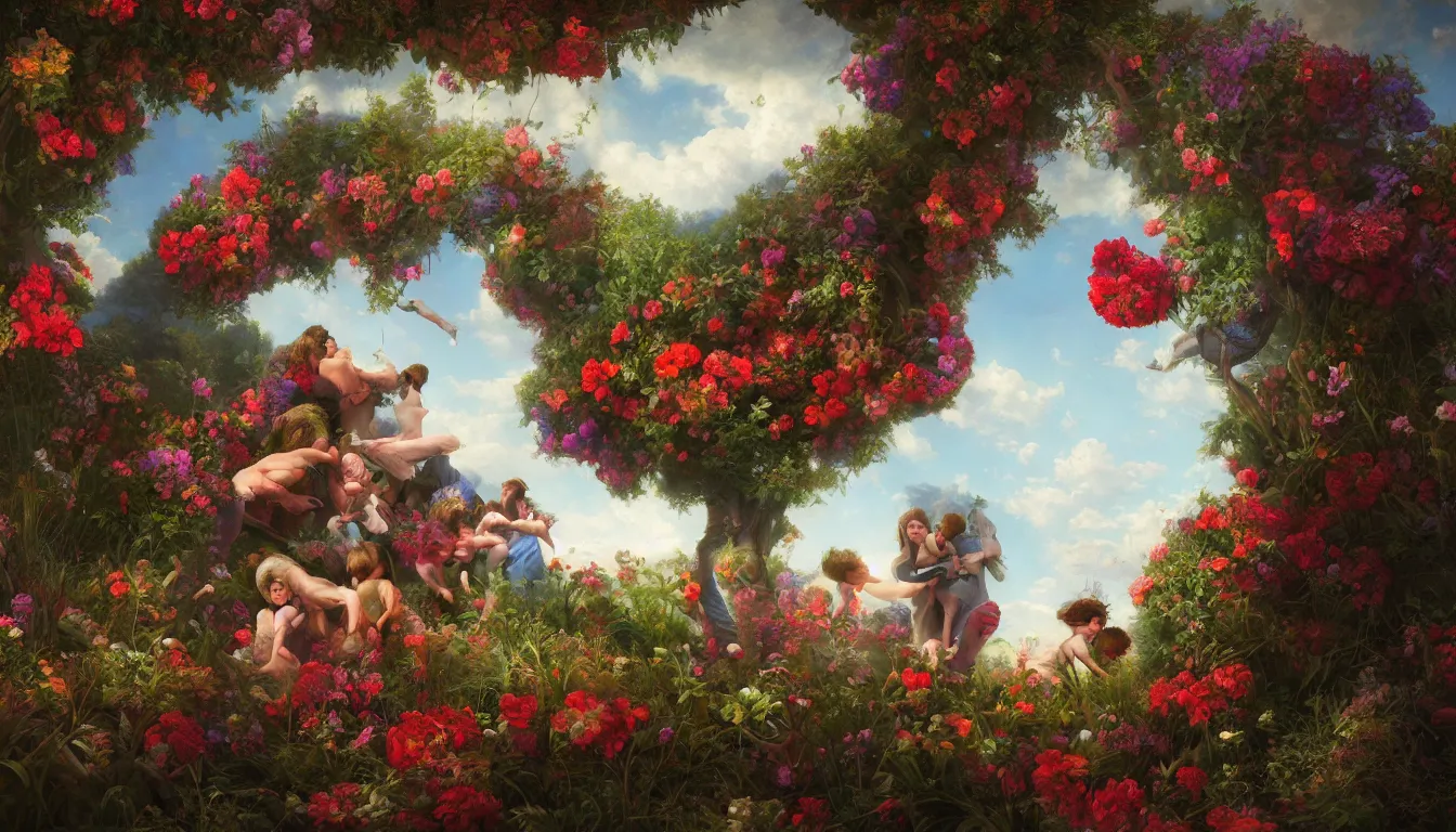 Prompt: An epic fantastic realism comic book style painting of the most beautiful flowers devouring a family as they try to escape, fisheye lens, painted by the Hudson River school, unreal 5, DAZ, hyperrealistic, octane render, dynamic lighting