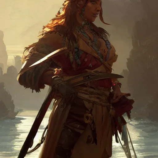 Image similar to a pirate warrior getting ready to battle, highly detailed, digital painting, artstation, concept art, sharp focus, illustration, art by greg rutkowski and alphonse mucha