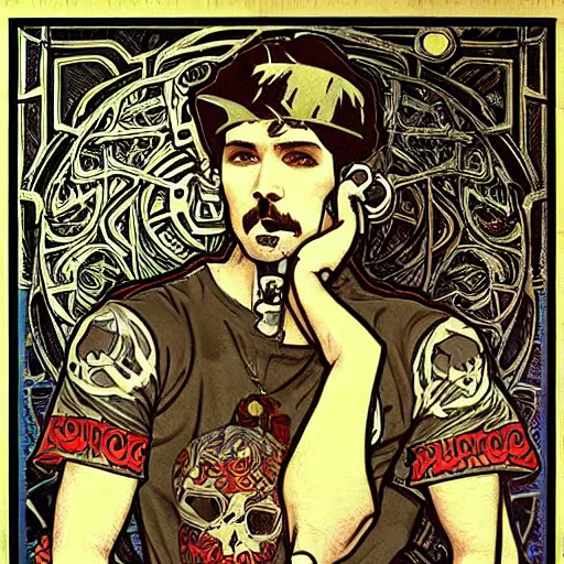 Prompt: man wearing JNCO jeans and a skull shirt from Hot Topic holding an iPod and listening to Linkin Park, art nouveau, exquisitely detailed illustration by Alphonse Mucha