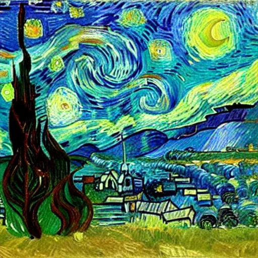 Image similar to starry night on mars, green towers, painting by van gogh