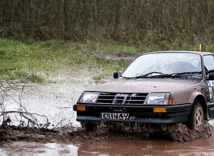 Prompt: a saab 9 0 0 stuck in the mudd during paris dacar rally