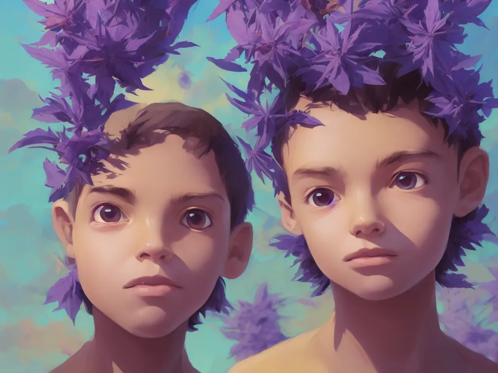 Prompt: kid with symmetrical beauty face, purple flowers of marijuana hemp cannabis, behance hd, by jesper ejsing, by rhads, makoto shinkai, lois van baarle, ilya kuvshinov, rossdraws global illumination, golden ratio