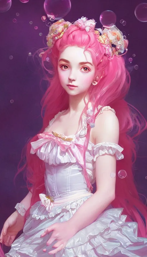 Prompt: portrait of magical lolita girl, dreamy and ethereal, expressive pose, big pink eyes, peaceful expression, ornate frilly dress, fantasy, intricate, elegant, many rainbow bubbles, highly detailed, digital painting, artstation, concept art, smooth, sharp focus, illustration, art by artgerm and greg rutkowski and alphonse mucha