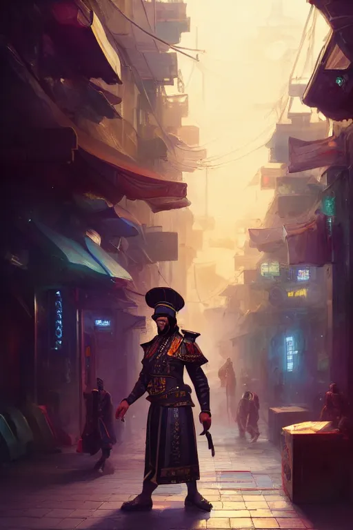 Image similar to a turkish janissary standing on a cyberpunk street, full body, extremely detailed digital painting, in the style of fenghua zhong and ruan jia and jeremy lipking and peter mohrbacher, mystical colors, rim light, beautiful lighting, 8 k, stunning scene, raytracing, octane, trending on artstation