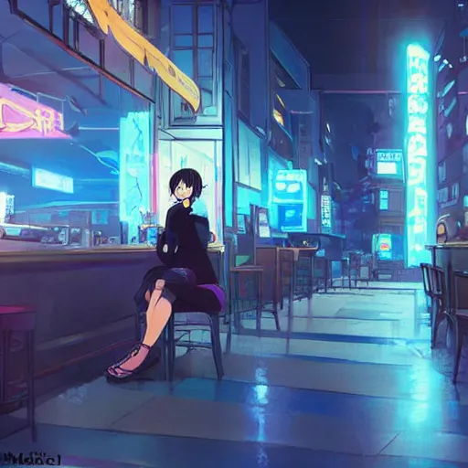 Prompt: beautiful anime painting of a woman with dark - blue hair sitting in a cyberpunk cafe, neon lights outside, by makoto shinkai, kimi no na wa, artstation, atmospheric, high detail