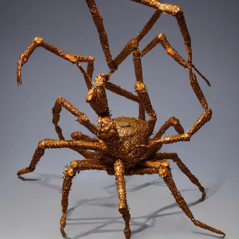 Prompt: hyperrealistic sculpture of a bronze fossilized spider crab in a cage made of colorful plastic wire on a pedestal by ron mueck and duane hanson and lee bontecou, hyperrealistic dramatic colored lighting trending on artstation 8 k