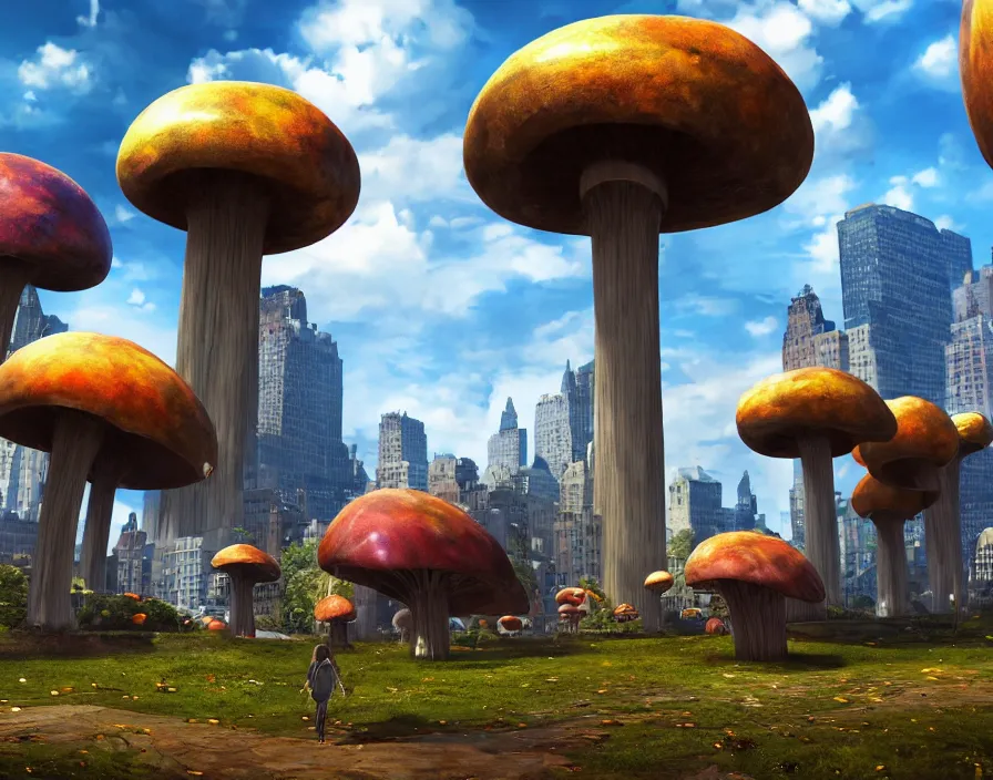 Prompt: giant metal mushrooms in new york, beautiful graphics, fantasy artwork, very beautiful scenery, hd, hdr, ue 5, ue 6, unreal engine 5, cinematic 4 k wallpaper, 8 k, ultra detailed