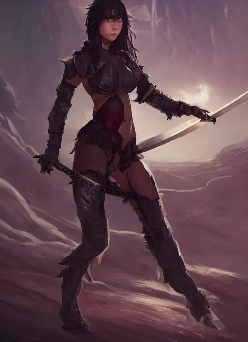 Image similar to full body portrait of a barefoot vampire swordswoman wearing heavy plate armor, real human feet, barefoot, two - handed sword, lithe, athletic, beautiful, enchanting, elegant, detailed, anatomically accurate, reasonable fantasy, good lighting, in the style of guweiz, z. w. gu on artstation, 4 k.