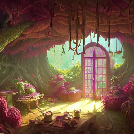 Image similar to concept art painting of a interior of a cozy alien fantasy cottage made of mushrooms and fungus, with black vines and magenta houseplants, realistic, detailed, cel shaded, dark, in the style of makoto shinkai and greg rutkowski and james gurney