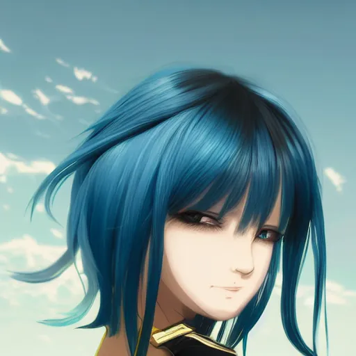 Image similar to profile shot of rimuru tempest, sky blue hair, ponytail, long bangs, gold eyes, black jacket with white stripes and a high collar, highly detailed, roman city, professional art, concept art, stock photo, cinematic, wlop | art by pixiv, ilya kuvshinov, greg rutkowski, yoshitaka amano