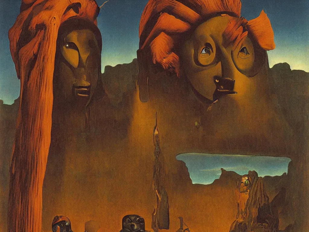 Image similar to Portrait of strange man, african mask, very elongated head, with moth antennae entering the toxic, phosphorescent river flowing from the factory. Apocaliptic skies. The glowing rock in the lithium desert. Painting by Jan van Eyck, Rene Magritte, Jean Delville, Max Ernst, Walton Ford