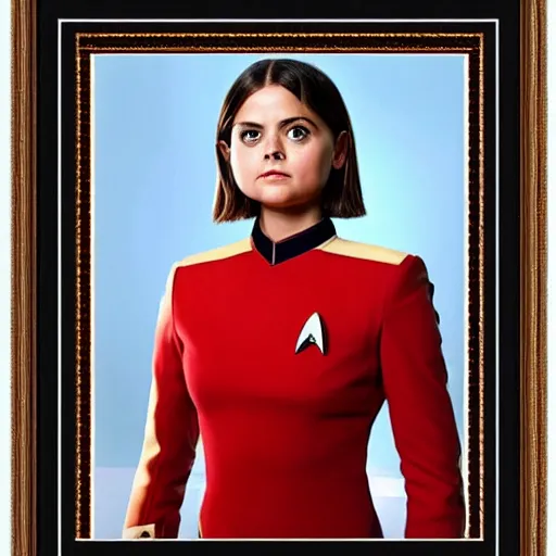 Image similar to a beautiful full body photograph of younger jenna louise coleman as a star fleet officer from star trek next generation, full dress uniform, symmetrical face, extreme realism and detail, 8 k, completely framed, direct lighting, 3 5 mm photo, photorealistic, sharp focus