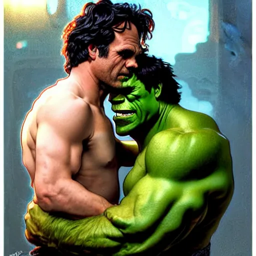 Prompt: mark ruffalo the hulk kissing a cute cowboy, cinematic volumetric lighting f 8 aperture cinematic eastman 5 3 8 4 film photorealistic by greg rutkowski by stanley artgerm by alphonse mucha