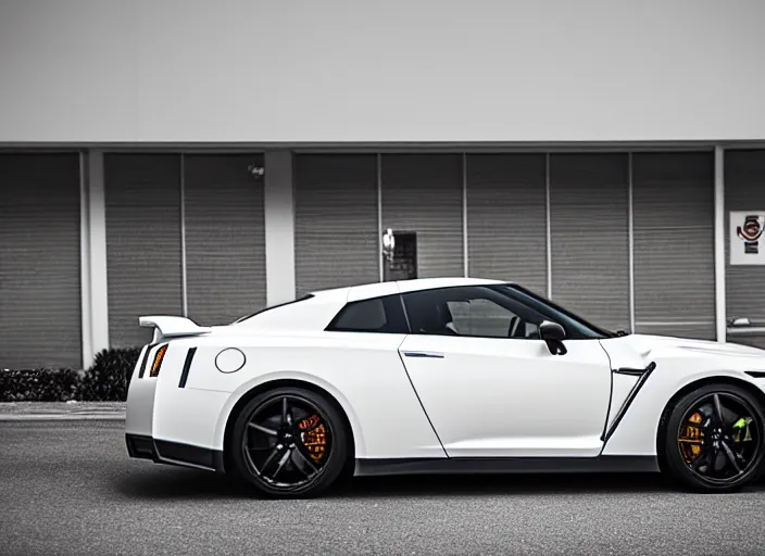 Image similar to 105mm photograph f1.8 full view mid distance front side view white Nissan GT-R showroom beautiful lighting from 2015