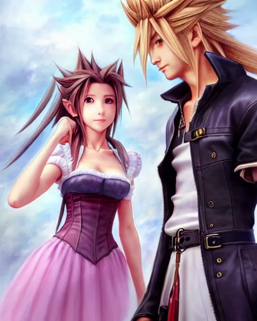 Image similar to character concept art of aerith gainsborough together with cloud strife at gold saucer, istinct - fine, key visual, realistic shaded perfect face, fine details by stanley artgerm lau, wlop, rossdraws, james jean, andrei riabovitchev, marc simonetti, sakimichan, and jakub rebelka, trending on artstation