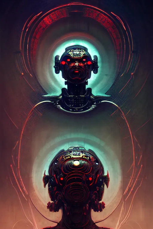 Prompt: akira from chinese mythology, hi - tech luciferian synthetic, gorgeous and huge head ornaments, dystopian, cyberpunk, mecha, cinematic dramatic light, ominous, intricate, studio, malekith concept art, zoomed out, beksinski, alphonse mucha, concept art, 4 k, sharp focus