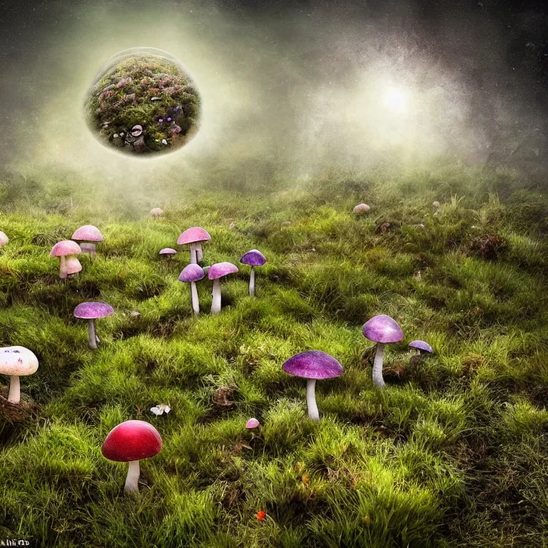 Image similar to a planet of various fungus, mushrooms, flowers and plants, inside the picture is infinity, Atmospheric, artistic photography, conceptual, long exposure outside the city, volumetric light