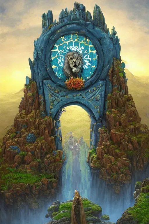 Prompt: A giant medieval fantasy blue energy portal gate with a rusty gold carved lion face at the center of it, the portal takes you to another world, full of colorful flowers on the lost Vibes and mountains in the background, spring, delicate fog, sea breeze rises in the air, by andreas rocha and john howe, and Martin Johnson Heade, featured on artstation, featured on behance, golden ratio, ultrawide angle, f32, well composed, rule of thirds, center spotlight, low angle view