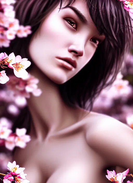 Image similar to photo of a gorgeous female with messy hair in the style of stefan kostic, realistic, body shot, sharp focus, 8 k high definition, insanely detailed, intricate, elegant, art by stanley lau and artgerm, cherry blossoms