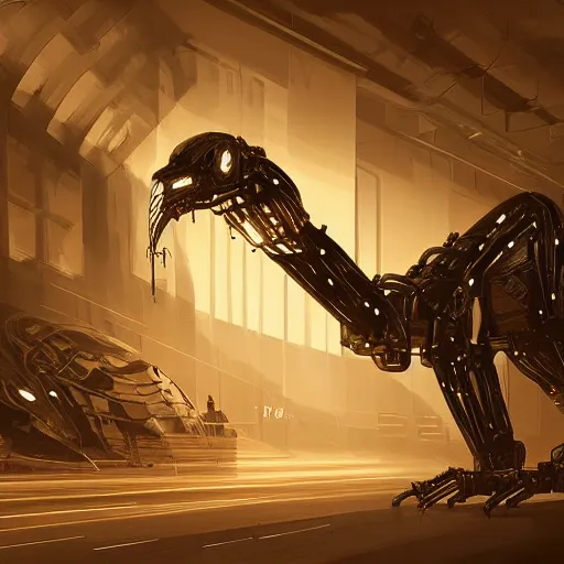 Prompt: professional concept art portrait of a predatory robotic species in a dark room by cam sykes. an intricate, elegant, highly detailed digital painting, concept art, smooth, sharp focus, illustration, in the style of syd mead.