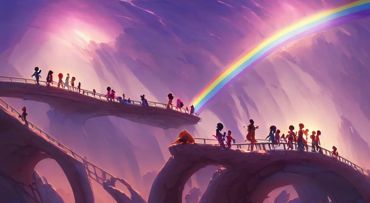 Image similar to incredible, mindblowing, refugees crossing a beautiful bridge made of rainbow hardlight, in marble incrusted of legends official fanart behance hd by jesper ejsing, by rhads, makoto shinkai and lois van baarle, ilya kuvshinov, rossdraws global illumination