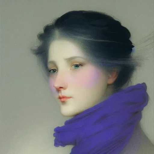 Image similar to a young woman's face, her hair is white and she wears an indigo purple satin cloak, by ivan aivazovsky and syd mead and moebius and gaston bussiere and roger dean and pieter claesz and paul delaroche and alma tadema and aelbert cuyp and willem claesz, hyperrealistic, volumetric light, octane render