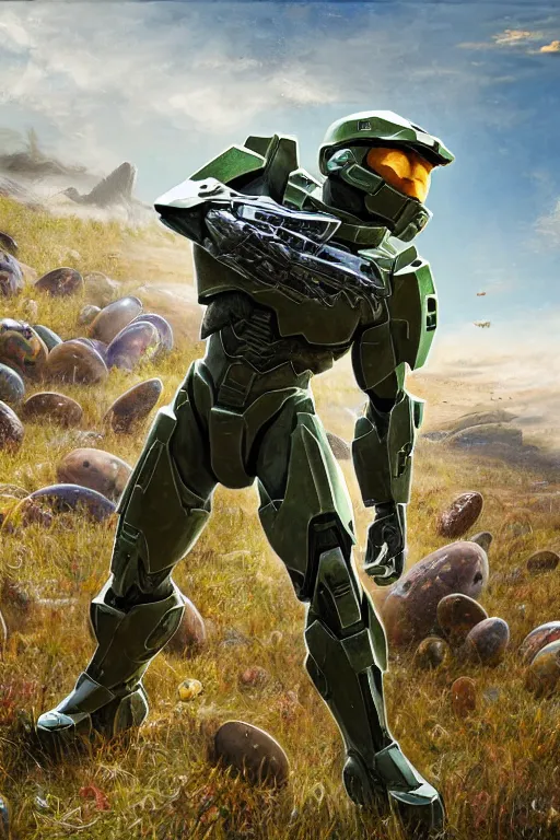 Image similar to master chief from halo picking up easter eggs, picking up easter eggs, oil on canvas, intricate, 8 k highly professionally detailed, hdr, cgsociety