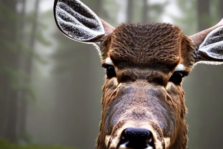 Image similar to a close up of the head of a deer. The deer has bright white eyes. background of a landscape misty forest scene, the sun glistening through the trees, hyper realistic photograph, octane render 8k, trending on artstation, unreal engine