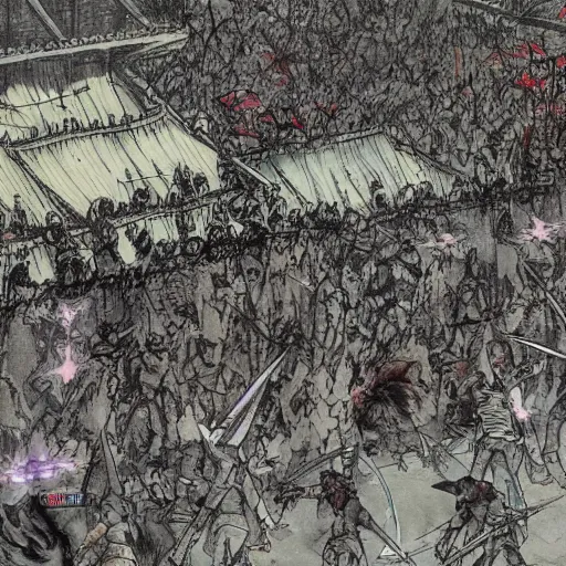 Prompt: one hero with sword looking at army of swordsmen in the background by yoji shinkawa, in the middle of an arena, crowd of people, pencil art, added detail, high definiton, colored, aerial view