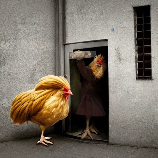 Prompt: man dressed as a chicken hiding around a corner, trending artstation, award winning photo