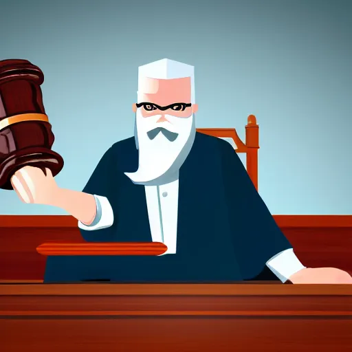 Image similar to a blad judge with bid white beard slams his gavel on the desk, illustration, realistic, 8 k, cinematic