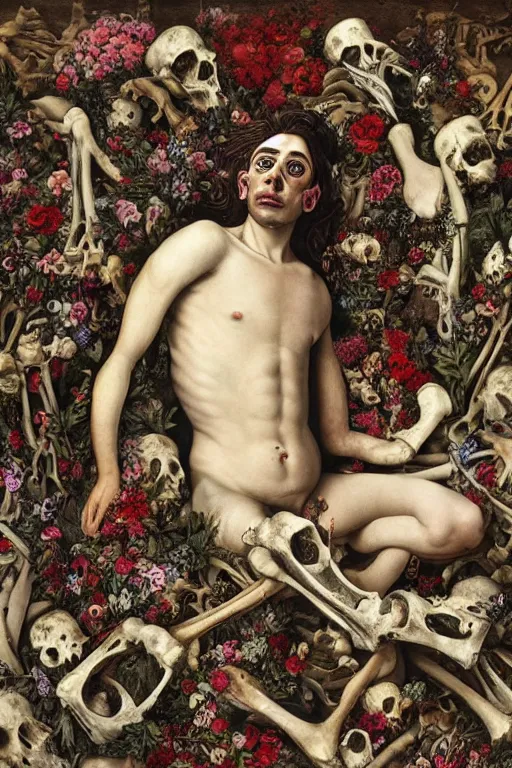 Image similar to a man lying down in bed of bones of flowers, he is sad and has large eyes and lips, very fleshy body, anatomical, HD Mixed media, highly detailed and intricate, surreal illustration in the style of Caravaggio, baroque dark art