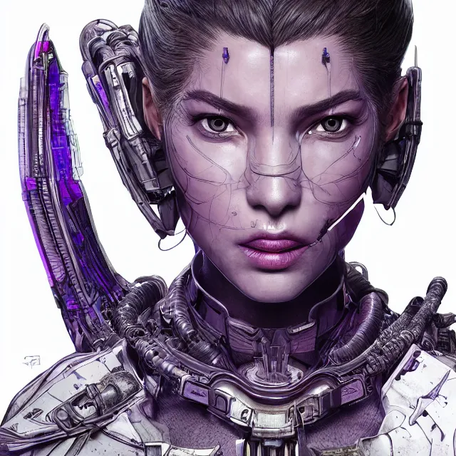 Image similar to facial portrait of a woman in powerful purple sci - fi armor with a black ponytail, elegant, stoic, intense, ultrafine hyperdetailed illustration by kim jung gi, irakli nadar, intricate linework, sharp focus, bright colors, octopath traveler, final fantasy, unreal engine 5 highly rendered, global illumination, radiant light, detailed, intricate environment